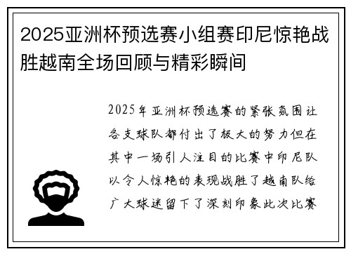2025亚洲杯预选赛小组赛印尼惊艳战胜越南全场回顾与精彩瞬间 2025亚洲杯预选赛小组赛印尼惊艳战胜越南全场回顾与精彩瞬间